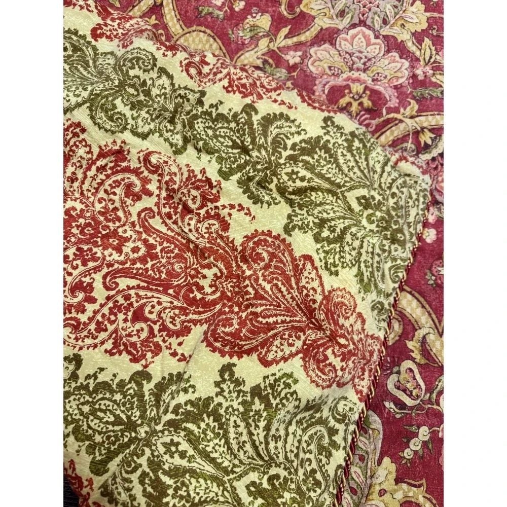 Waverly Reversible Damask Floral Comforter Burgundy Gold Sage Rope Trim Heavy